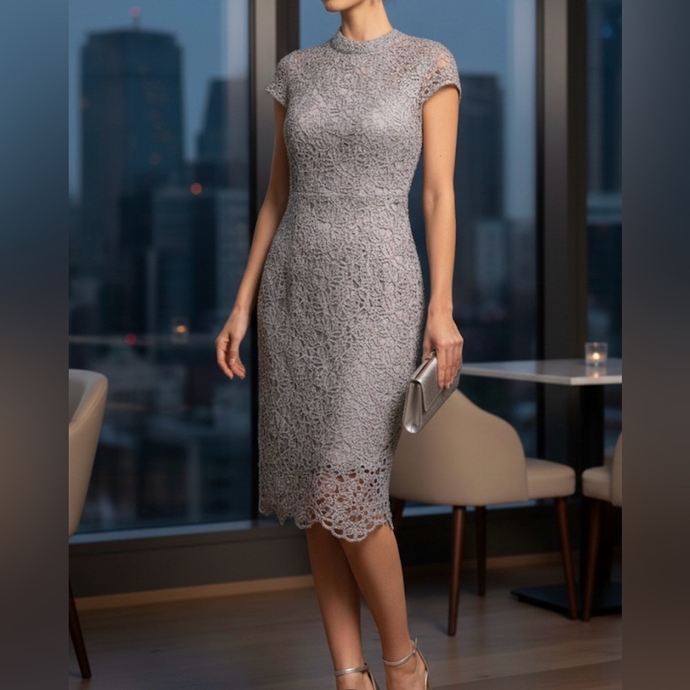 Premier Amour Gray Lace Midi Dress Sz 16